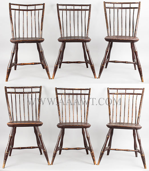 Windsor Rod Back Chairs with Birdcage Crests, Shaped Seats, Bamboo Turning
Pennsylvania
Circa 1820 to 1830, entire view